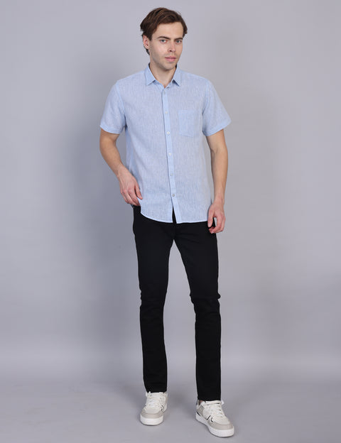 Wearhouse Men's Blue Solid Half Sleeve Regular Fit Linen Blend Shirt