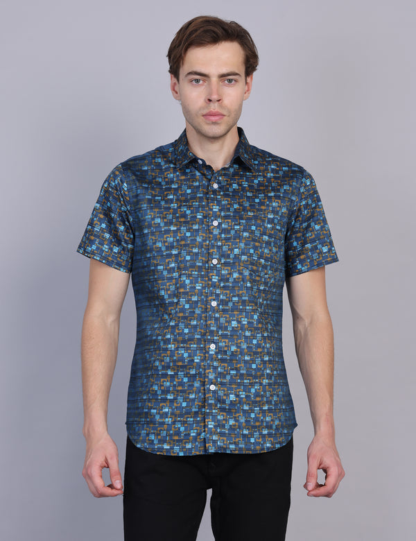 Wearhouse Men's Navy Print Half Sleeve Regular Fit Cotton Shirt