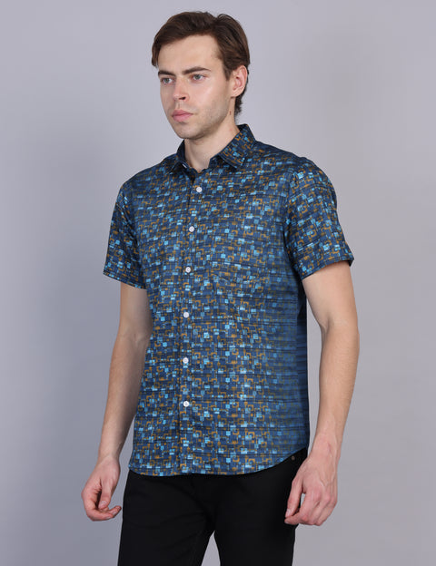 Wearhouse Men's Navy Print Half Sleeve Regular Fit Cotton Shirt