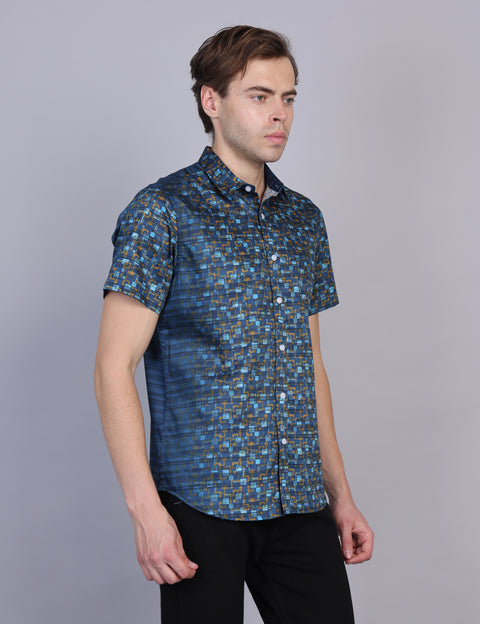Wearhouse Men's Navy Print Half Sleeve Regular Fit Cotton Shirt