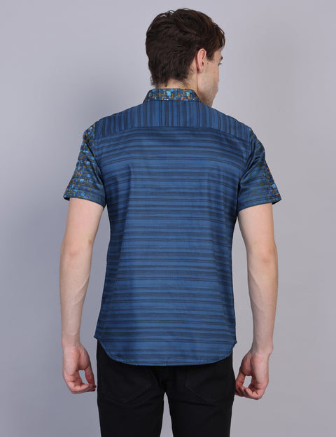 Wearhouse Men's Navy Print Half Sleeve Regular Fit Cotton Shirt
