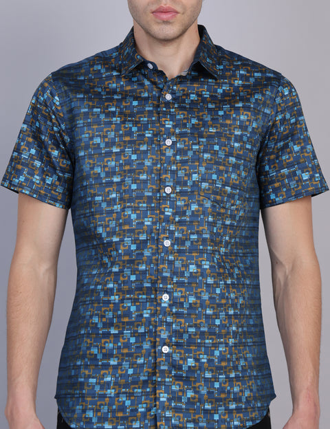 Wearhouse Men's Navy Print Half Sleeve Regular Fit Cotton Shirt
