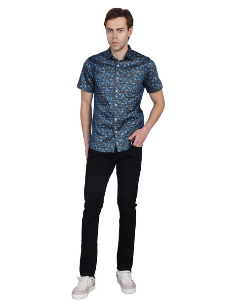 Wearhouse Men's Navy Print Half Sleeve Regular Fit Cotton Shirt