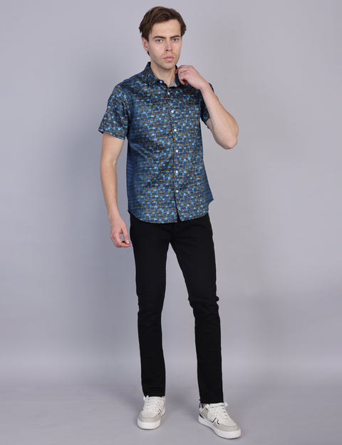 Wearhouse Men's Navy Print Half Sleeve Regular Fit Cotton Shirt