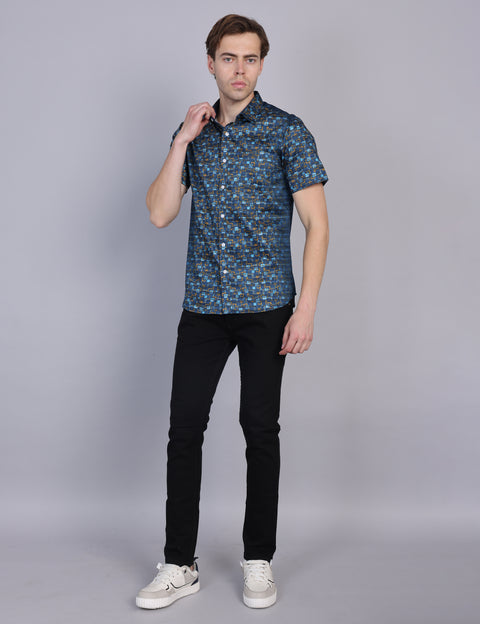 Wearhouse Men's Navy Print Half Sleeve Regular Fit Cotton Shirt