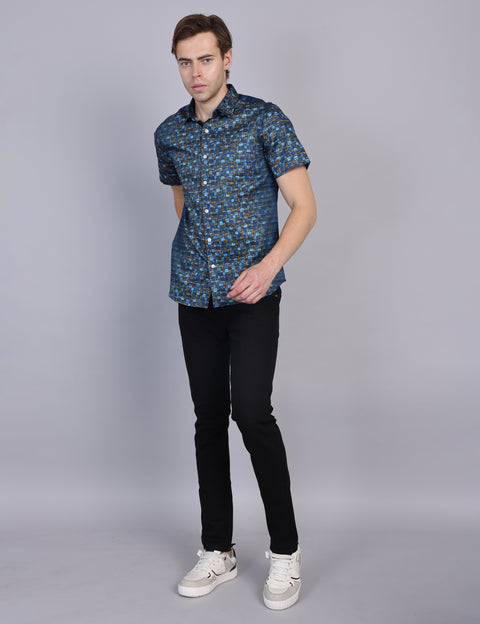 Wearhouse Men's Navy Print Half Sleeve Regular Fit Cotton Shirt