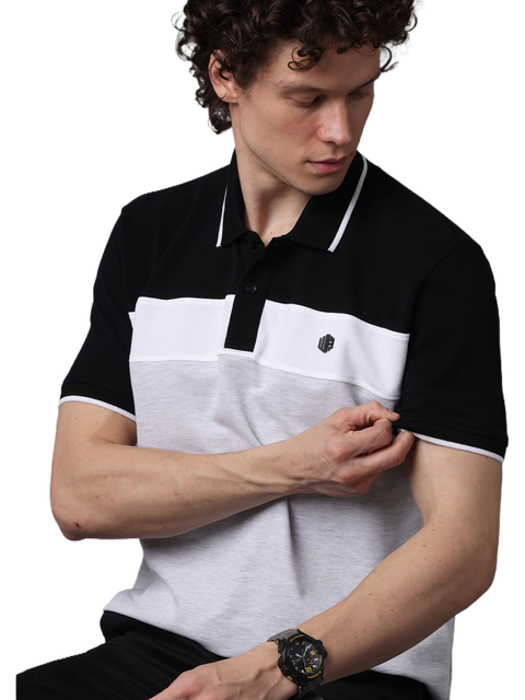 Men's Short Sleeve Polo T-Shirt with Black Contrast Stripes, White, Grey