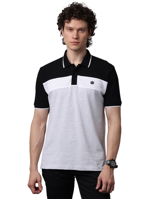 Men's Short Sleeve Polo T-Shirt with Black Contrast Stripes, White, Grey