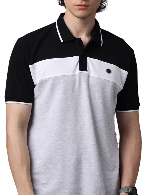 Men's Short Sleeve Polo T-Shirt with Black Contrast Stripes, White, Grey