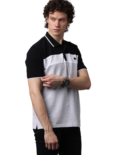 Men's Short Sleeve Polo T-Shirt with Black Contrast Stripes, White, Grey