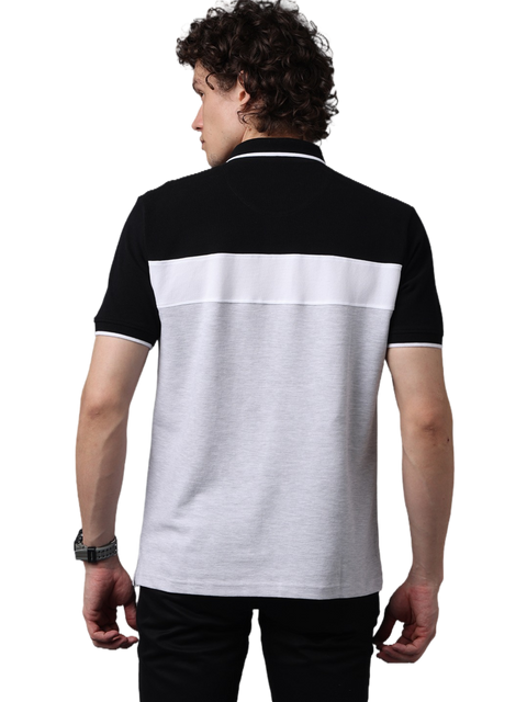 Men's Short Sleeve Polo T-Shirt with Black Contrast Stripes, White, Grey