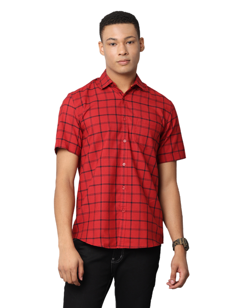 Men's Red Checkered Slim Fit Casual Shirt