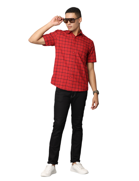 Men's Red Checkered Slim Fit Casual Shirt