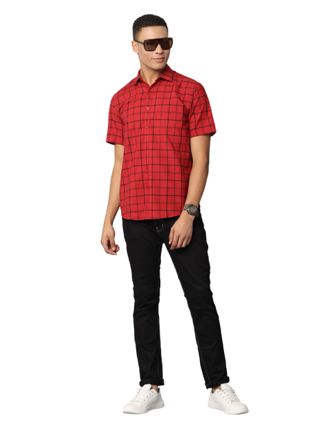 Men's Red Checkered Slim Fit Casual Shirt