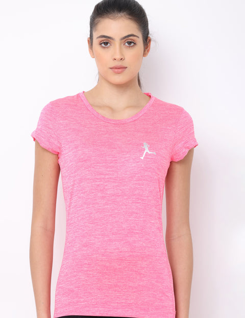 Women's Pink Slim Fit Athleisure Crew Neck T-Shirt