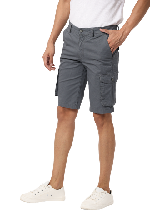 Men's Cotton Knee Length Solid Cargo Shorts, Grey