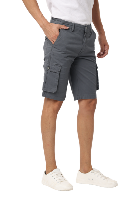 Men's Cotton Knee Length Solid Cargo Shorts, Grey