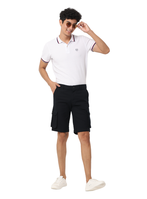 Men's Cotton Knee Length Solid Cargo Shorts, Black