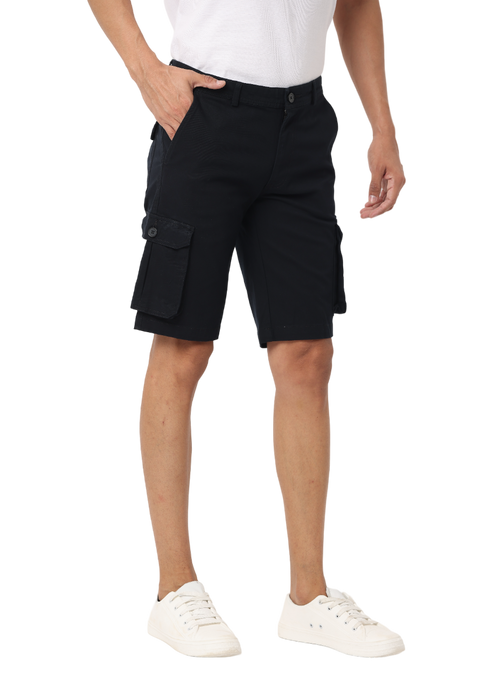 Men's Cotton Knee Length Solid Cargo Shorts, Black