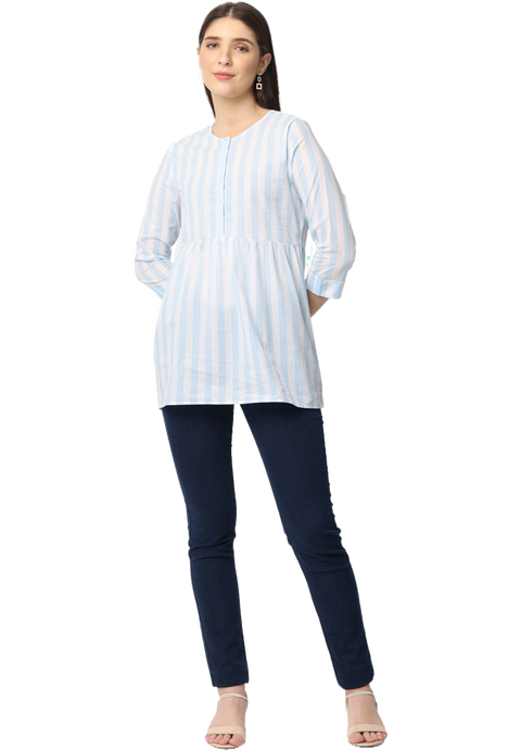 Women's Blue Striped Cotton Kurta Top