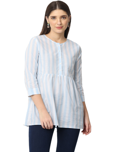 Women's Blue Striped Cotton Kurta Top