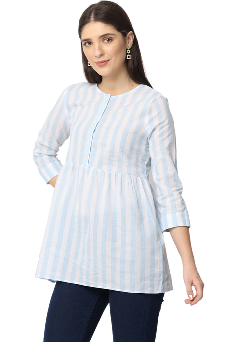 Women's Blue Striped Cotton Kurta Top