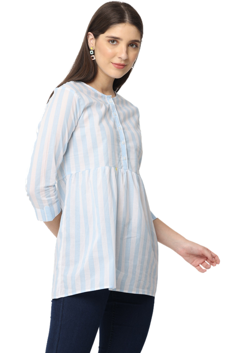 Women's Blue Striped Cotton Kurta Top