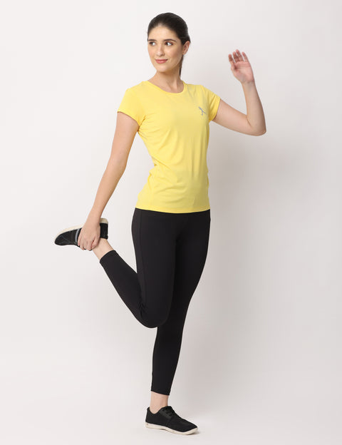 Women's Yellow Slim Fit Athleisure Crew Neck T-Shirt.