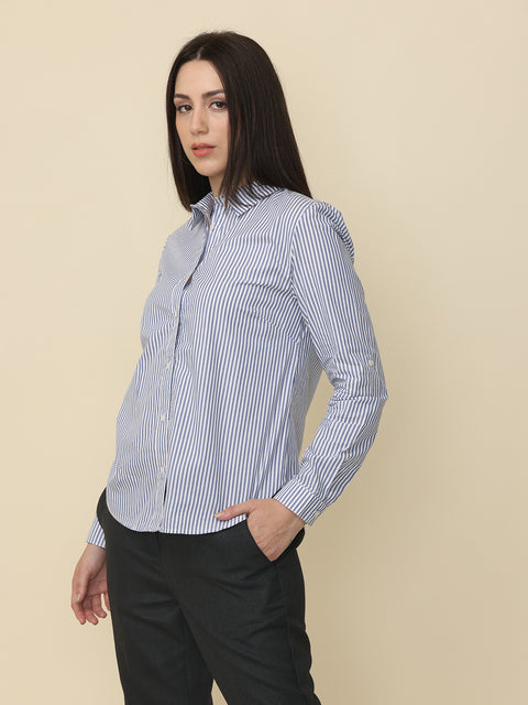 Women's Navy Blue Striped Formal Shirt