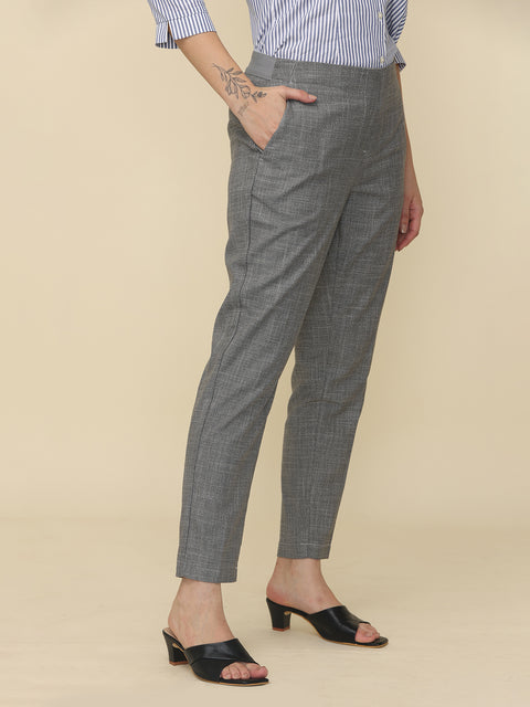 Women's Grey Elasticated Solid Formal Trouser