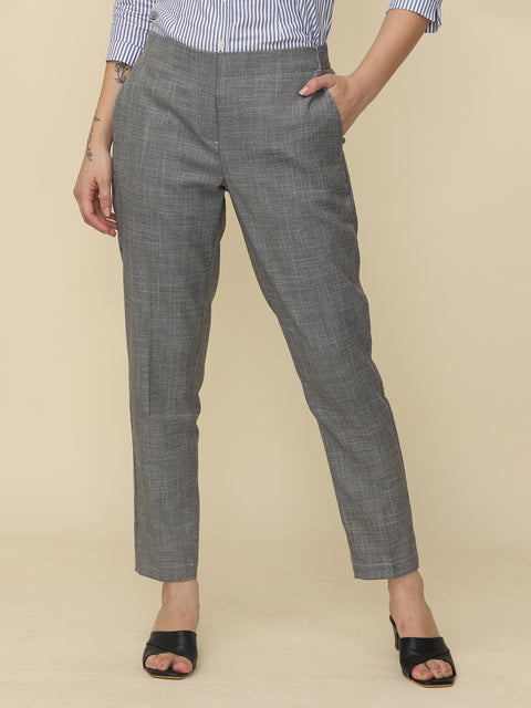 Women's Grey Elasticated Solid Formal Trouser