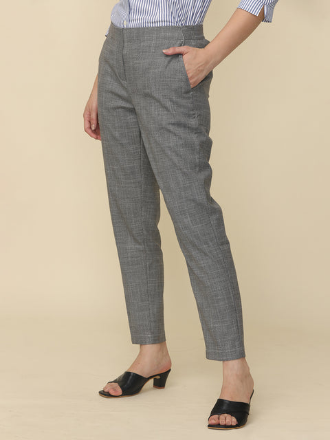 Women's Grey Elasticated Solid Formal Trouser