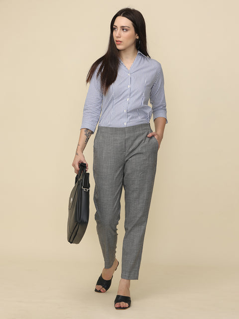 Women's Grey Elasticated Solid Formal Trouser