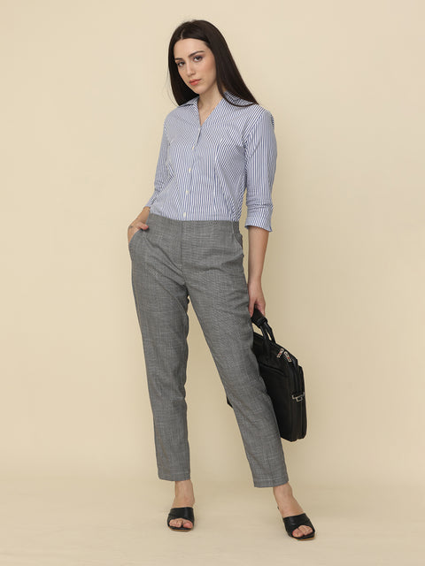 Women's Grey Elasticated Solid Formal Trouser