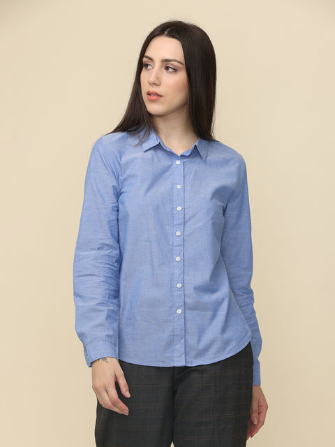 Women's Blue Solid Chambray Formal Shirt