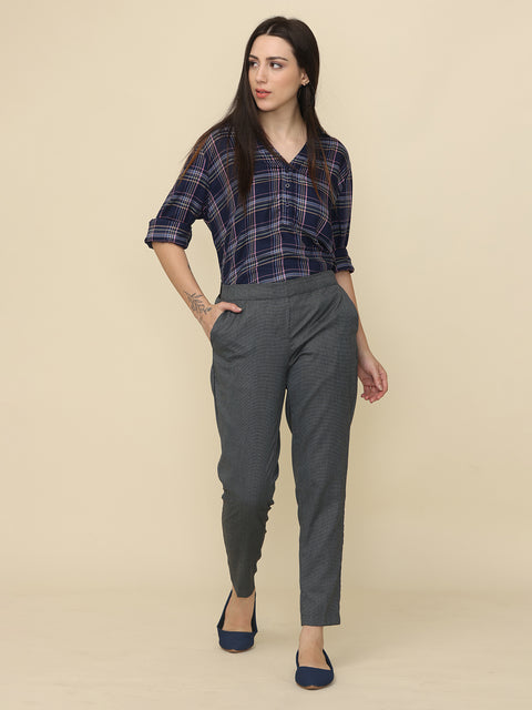 Women's Black & Grey Slim Fit Formal Trouser