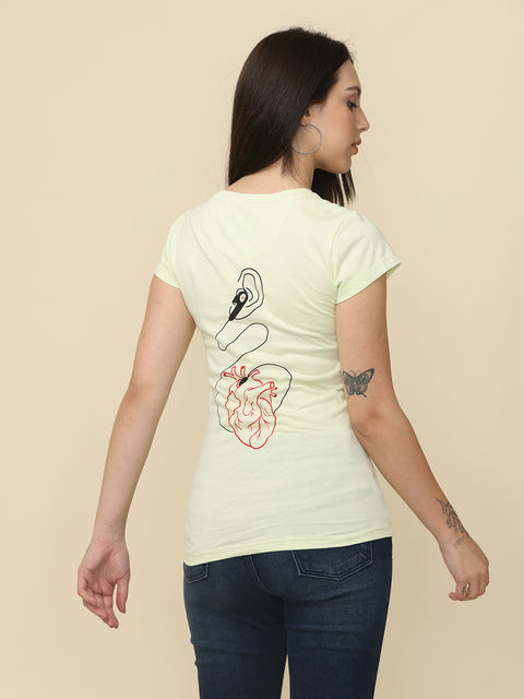 Women's Light Yellow Round Neck Printed T-Shirt