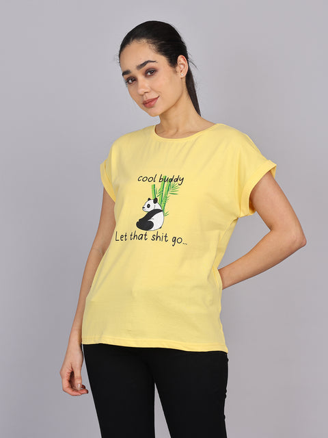 Women’s Yellow Dolman Sleeve Chest Print T-Shirt