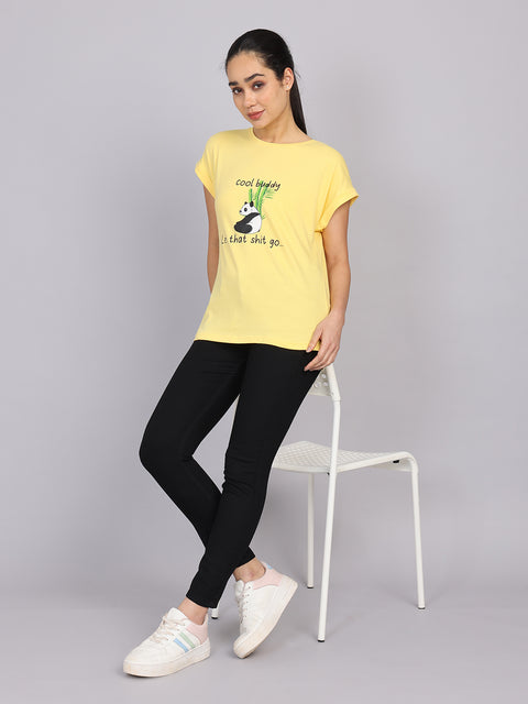 Women’s Yellow Dolman Sleeve Chest Print T-Shirt