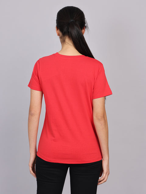 Women’s Red Round Neck Chest Print T-Shirt