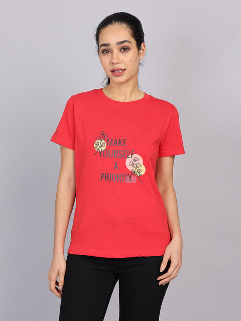 Women’s Red Round Neck Chest Print T-Shirt