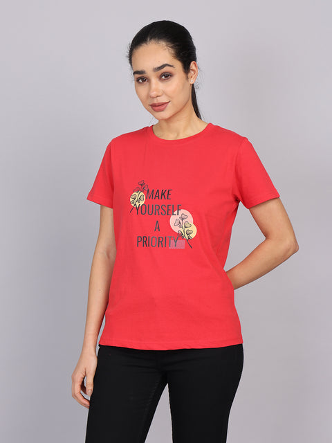 Women’s Red Round Neck Chest Print T-Shirt