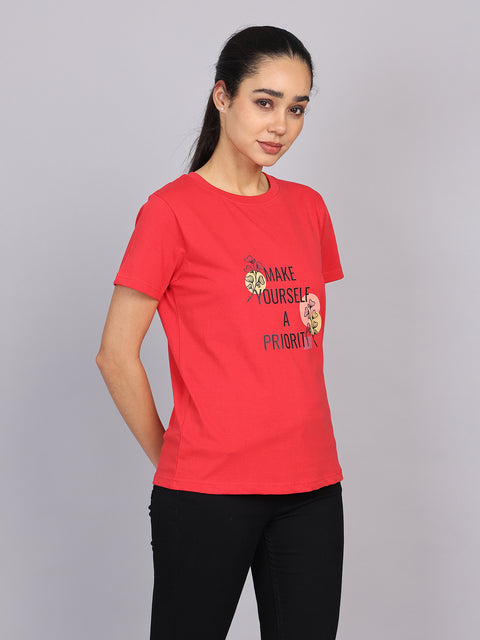 Women’s Red Round Neck Chest Print T-Shirt
