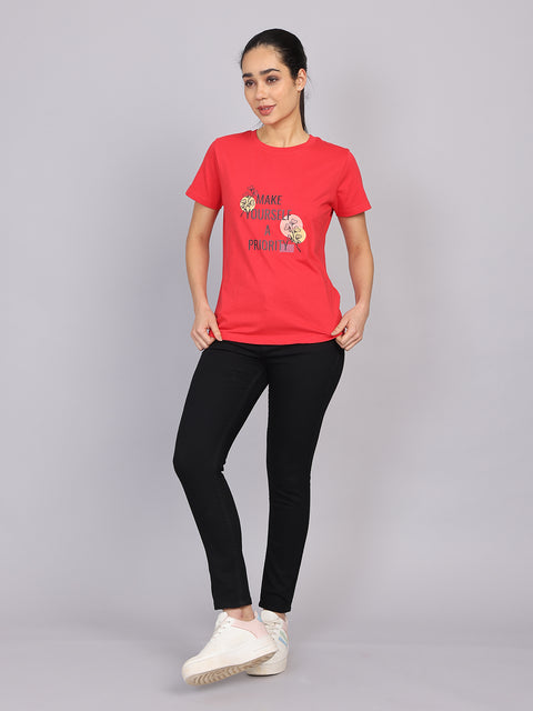 Women’s Red Round Neck Chest Print T-Shirt