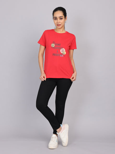 Women’s Red Round Neck Chest Print T-Shirt