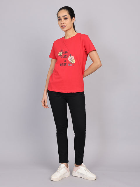 Women’s Red Round Neck Chest Print T-Shirt