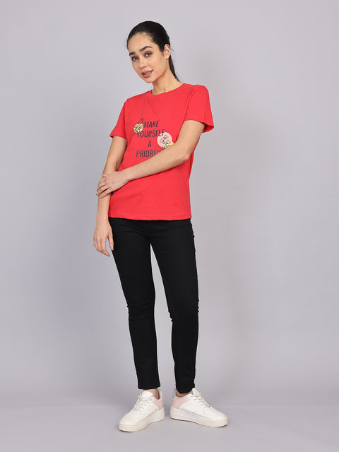 Women’s Red Round Neck Chest Print T-Shirt