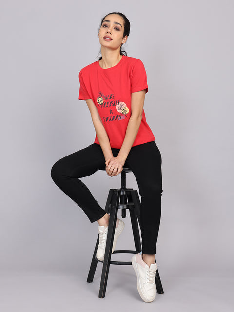 Women’s Red Round Neck Chest Print T-Shirt