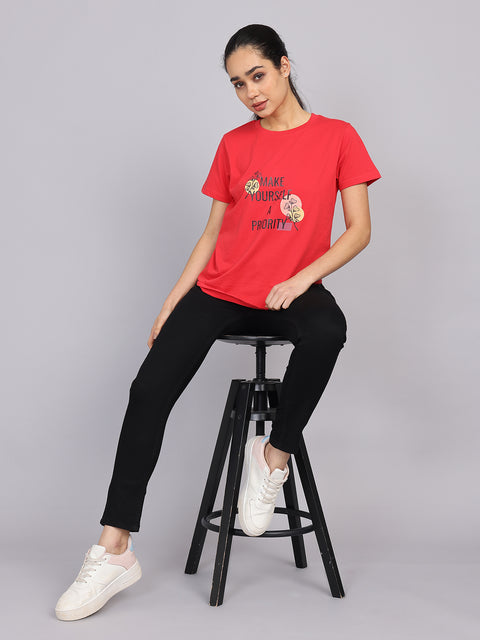 Women’s Red Round Neck Chest Print T-Shirt