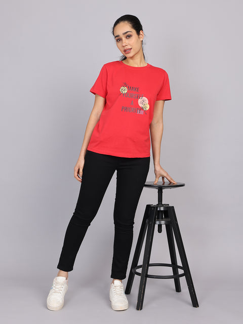 Women’s Red Round Neck Chest Print T-Shirt